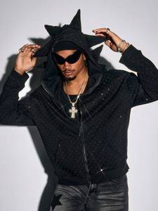 เสื้อฮู้ดปักหมุดพลอยเทียมสีดำซิปเต็มตัวสำหรับฤดูหนาวเสื้อแจ็คเก็ตผ้าฟลีซขนาดใหญ่ติดโลโก้ออกแบบได้ตามต้องการ - Product Image 3