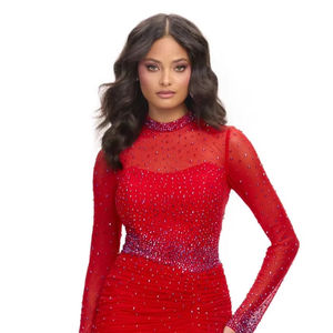 Robes de soirée élégantes scintillantes à manches longues Robe courte à col en O pour la fête et les dîners nocturnes - Product Image 1