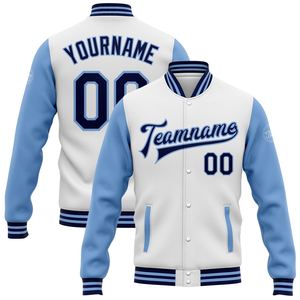 Directo de la industria, venta al por mayor, informal, invierno, personalizado, blanco, azul marino, azul claro, bombardero, Full-Snap Varsity, Letterman, chaqueta de dos tonos - Product Image 1