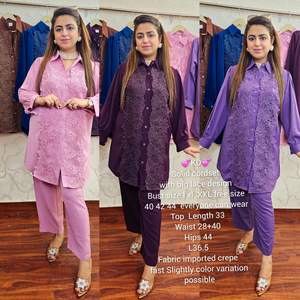 Ensemble musulman traditionnel deux pièces Coord pour femmes modeste chemisier en dentelle florale cordon de pantalon nouvelle version dinde en gros inde malaisie - Product Image 2