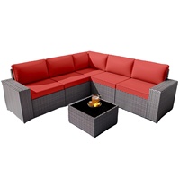 Ensemble de 6 pièces de mobilier d'extérieur moderne résistant aux intempéries avec structure en aluminium imperméable - 5 chaises sectionnelles en rotin PE et PU pour cour