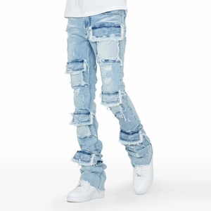 Vaqueros rasgados desgastados de lavado Vintage de alta calidad para hombre, pantalones vaqueros largos ajustados azul cielo, pantalones vaqueros rectos, pantalones informales para hombre - Product Image 5