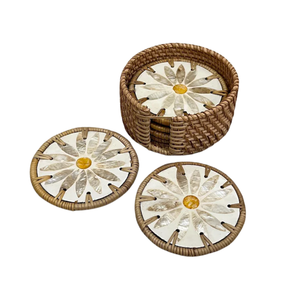 Hand woven <b>Coaster</b> Rattan Capiz <b>Coaster</b> and holder Mother of pearl Inlay Round <b>Coaster</b> Rustic Tableware Handmade Lacquer - Product Image 6