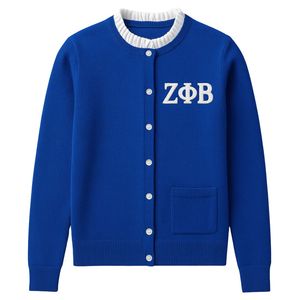 Zeta Phi Beta Cardigan en tricot bleu royal avec col à volants blanc brodé de lettres grecques sororité pull de la vie grecque - Product Image 2
