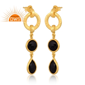 Best Selling Sterling <b>Silver</b> 18K Gold Plated Natural Black Onyx Gemstone <b>Dangle</b> <b>Earring</b> Demi Fine Jewelry Manufacturer - Product Image 2
