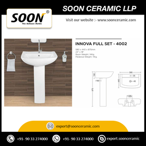Lavabo Semipedestal de Diseño Moderno y Lujoso con Set de Lavamanos, Acabado Pulido en Piedra Travertino, Cerámica Sanitaria de Alta Calidad - Product Image 2