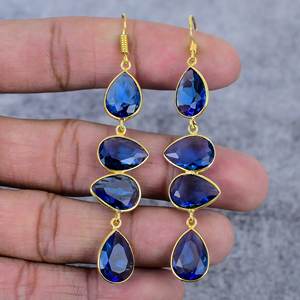 ต่างหูแทนซาไนต์ควอตซ์สี่เม็ด ประดับเงินแท้ 925 ชุบทอง ทำด้วยมือ รูปทรงหยดน้ำ สำหรับผู้หญิง - Product Image 2