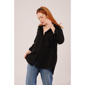 Camisa de poliéster negra holgada con bolsillos para mujer Lustrin, para venta al por mayor - Blusa informal de manga larga - Product Image 3
