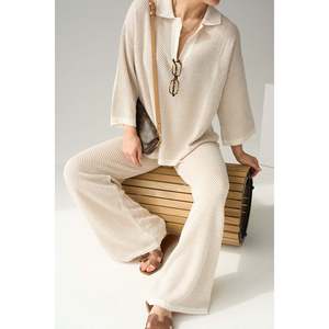 ชุดกางเกงขายาวสีเบจลายฉลุ - Product Image 3