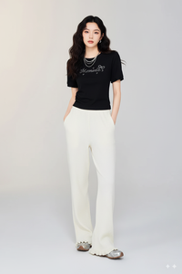 Pantalons décontractés en coton mélangé pour femmes, en gros, pour l'hiver, en tricot côtelé, respirant, écologique, taille élastique, jambes larges, ourlet en feuille de laitue - Product Image 4