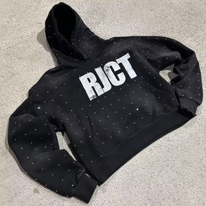 Sudaderas con capucha con diamantes de imitación para hombre con logotipo impreso en pantalla personalizado, algodón pesado de gran tamaño, algodón, lavado ácido, sol, desteñido - Product Image 1