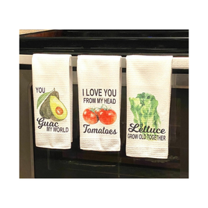 Légumes mignons je t'aime imprimé GOLF motif anneau filé coton GOTS certifié séchage rapide anti-boulochage serviettes de cuisine brodées - Product Image 1