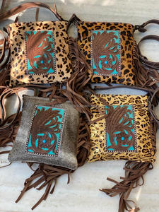 Nuevo Bolso bandolera con flecos de cuero de vaca auténtico, bolso de piedra turquesa bohemio occidental, bolso de cuero genuino para mujer - Product Image 4