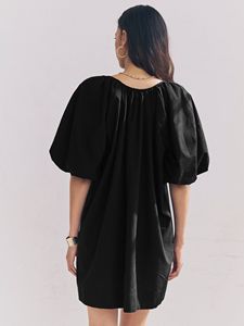 Black 100% Cotton <strong>Jersey</strong> Puff Sleeve Tie Front V-neck A-Line Fitted <strong>Midi</strong> <strong>Dress</strong> Featuring Voluminous Puff Sleeves Plain Dyed - Product Image 3