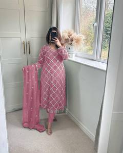 Deseable tradicional Faux Georgette bordado de secado rápido indio y pakistaní Salwar Kameez trabajo Top pantalón Dupatta para fiestas - Product Image 3