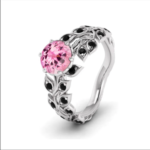 Bague en argent sterling 925 tourmaline rose naturelle et spinelle noire ronde avec pierres précieuses faite à la main fabricant de bagues de fiançailles de créateur - Product Image 1