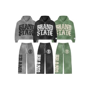 Streetwear personnalisé unisexe survêtements évasés au soleil délavés à l'acide sweats à capuche pantalons de survêtement impression DTG survêtement personnalisé pour hommes en détresse - Product Image 2