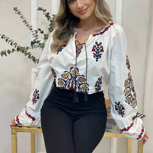 Damen weiße Boho Bluse Langarm V-Ausschnitt Bauer <span class=keywords><strong>Top</strong></span> Blumen druck Sexy Vintage Style Casual Baumwolle S M L Größe