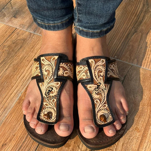 Hand Tooled Carved Genuine Leather <b>Women</b> Outdoor Flipflop Western Floral Tooling Sandal Premium Quality Cowhide Leather Sandals - Product Image 1