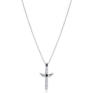 <b>Angel</b> Wings Cross Design Christian Rhodium Plated Black Clear Zircon Stone Charm <b>Necklace</b> Wedding 925 Sterling <b>Silver</b> Jewelry - Product Image 2