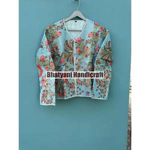 Indian Cotton Handmade Quilted Turquoise Floral <b>Short</b> Coat Unisex Jarkin Boho Reversible <b>Jacket</b> Full <b>Sleeves</b> Breathable Warm - Product Image 1