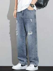 Tous les jours décontracté hommes déchiré jean endommagé coupe ample Denim pantalon tenue confortable parfait pour Streetwear - Product Image 3