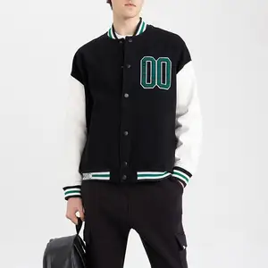 Chaqueta de béisbol Varsity de retazos bordados, chaqueta cortavientos de manga de Cuero 100% de lana súper seca para hombre de talla grande