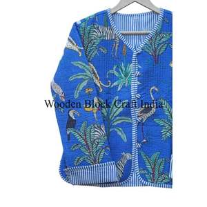 Indian Block Printed <b>Quilted</b> 100% Cotton Eco-Friendly Women's V-Neck Winter Beach Wear Belt Breathable Floral Decoration Jacket - Product Image 4