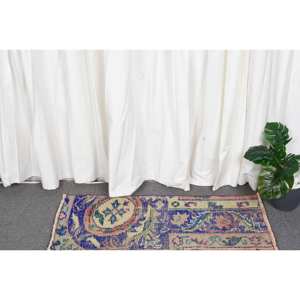 Vintage 1.5X3.1 ft Bleu Beige Turc Laine Tapis À La Main Grande Surface Rectangle Abstrait Patchwork pour Couloir Chambre Décor Latex - Product Image 2