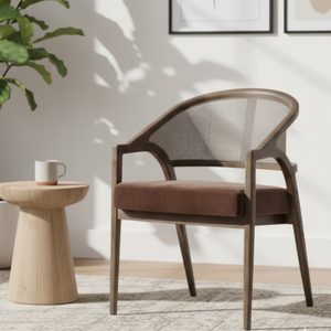 Modern Solid Mahogany Wood Cane Back <b>Dining</b> <b>Chair</b> <b>Brown</b> Finish Upholstered Armchair Cushion Seat Simple Design Home Hotel - Product Image 2