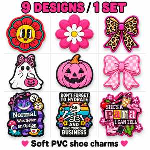 Set di 9 ciondoli personalizzati in PVC per <span class=keywords><strong>scarpe</strong></span> Coquette di Halloween, con motivo leopardato, fiocco, fantasma, per zoccoli - Ingrosso - Product Image 4