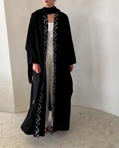 Handmade Black Silk Dubai Abaya Beautiful <b>White</b> Embroidery Anti-Wrinkle <b>Long</b> Sleeve Traditional Muslim Prayer Wear <b>for</b> Adults - Product Image 1