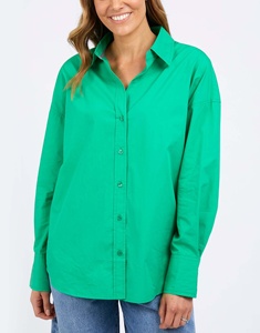 Light Green Casual Shirts Button Pointed Collar Long Sleeves Cuff <b>Drop</b> Shoulder <b>Back</b> Pleat Curved High Low Hem 100% Cotton - Product Image 1