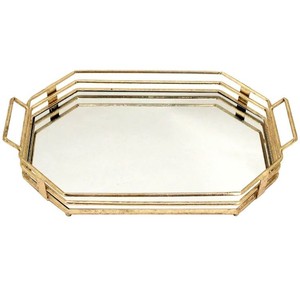 Plateau de console rectangulaire en miroir avec finition dorée, côtés surélevés, grande taille, décoration, plateau en métal et en verre - Product Image 4