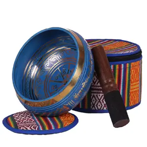 Colored handmade Meditation Singing bowl with mallet and silk ring cushion for home decoration