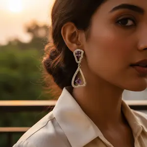 Pendientes de Lágrima de Amatista Plateada Vintage para Mujer, Chapados en Oro de 18K, Oro Blanco con Perlas y Diamantes para Bodas - Product Image 2