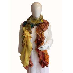 Recycled <b>Silk</b> Sari Frill Scarf Ruffle Vintage Multicolor Boho Fashion for Girls Hand Drawn Designer Long Scarf for Spring - Product Image 1