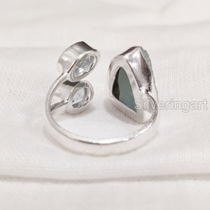 Bijoux en pierre brute bague pour femme aigue-marine naturelle pierre brute pierre de naissance de mars bijoux en pierre triple bague en argent sterling 925 - Product Image 6