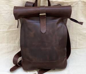 Genuine Leather <b>Backpack</b> Vintage <b>Roll</b> <b>Top</b> Large Hiking Daypack With Front Pocket for Business Travel <b>Laptop</b> Storage LRTB-0033B - Product Image 4