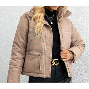 Chaqueta Corta Acolchada para Mujer, Abrigo Acolchado de Invierno con Cuello Alto, Ropa de Abrigo Cálida y Moderna, Color Caqui Oscuro - Product Image 5