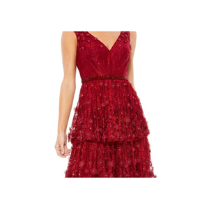 Abito da ballo a colonna a strati color bordeaux Mac Duggal con applicazioni floreali e stampa a fantasia con vita impero per adolescenti - Taglia 12 - Product Image 5