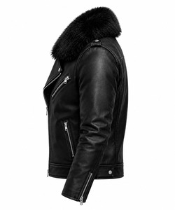 Blouson de motard en cuir noir pour homme, col en fausse fourrure, coupe ajustée, veste de moto d'hiver, fermeture éclair, manches amovibles - Product Image 3