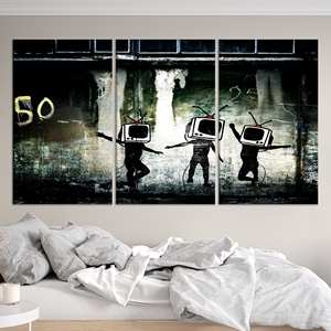 Impression sur toile en verre trempé Banksy Dancing TV, lot de 3 toiles - Product Image 1