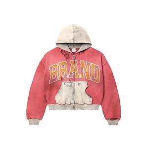 Sweat à capuche zippé personnalisé de haute qualité pour l'hiver, style streetwear, écologique, vintage, double couche, délavé à l'acide, effet soleil, usé, avec poches - Product Image 4