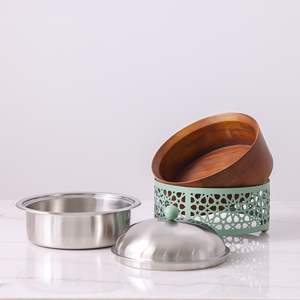 Mint Green Islamic Geometric Cutout Contemporary Arabesque Hot Pot Stainless Steel Interior Durable Wood Bottom <b>Food</b> <b>Warmer</b> 26cm - Product Image 4