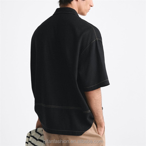 2024 vente en gros personnalisé contraste haut couture poches plaquées col de camp manches courtes viscose lin chemise pour hommes - Product Image 3