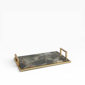 Plateau de service rectangulaire en agate grise naturelle de luxe avec surface en cristal poli et élégantes poignées en métal doré - Product Image 1