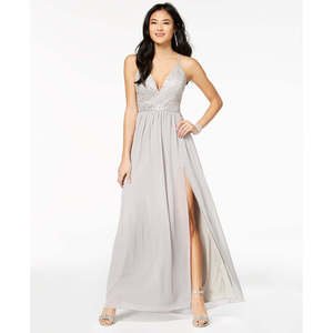 Abito da sera Emerald Sundae Junior in chiffon grigio con corpetto in pizzo decorato, taglia XL, stile semplice per feste, linea ad A, modello impero - Product Image 1