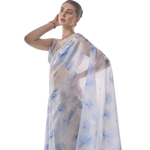 Sari long tendance en soie pure, imprimé magnifique, pour toutes les occasions et les fêtes, avec le même morceau de blouse assorti pour femmes - Product Image 1