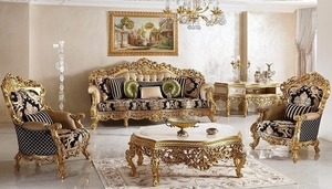 Intérieur de luxe classique 5 places 3 + 1 + 1 canapé en bois de teck avec Table centrale avec travail de sculpture de luxe et rembourrage doré - Product Image 5